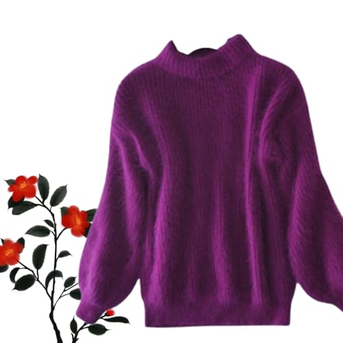 Lady Winter Angora Cashmere Blend Loose Warm Sweater Solid Color Crewneck Knit Pullover Sweater Fluffy Plush Jumper (Violet,One Size) von LIBIQI