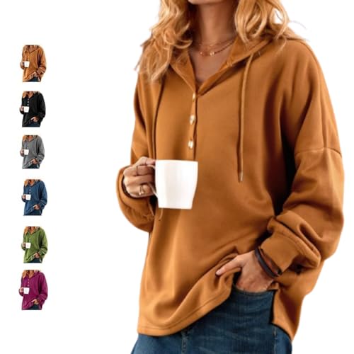 Permitime- Long Sleeve Buttoned Sweatshirt 2024 New Accurateg Casual Hoodies Sweatshirts Pullover for Women Loose Fit Tops (Khaki,L) von LIBIQI