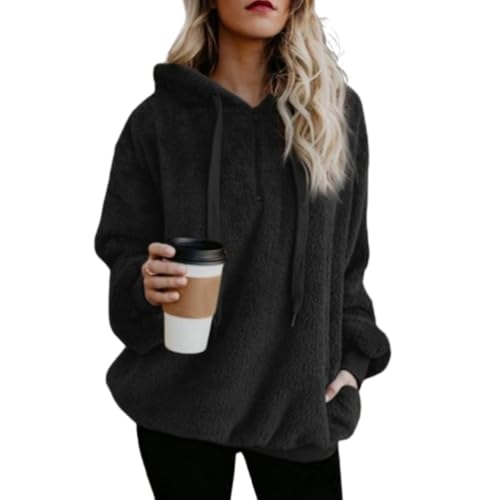 Sherpa Fleece Pullover for Women UK Fluffy Fuzzy Sweatshirt Plush Comfy Soft Sweatshirts Half Zip Pocket Jumper Teddy Faux Fur Tops Winter Warm Soft Tops Ladies (Black,XL) von LIBIQI