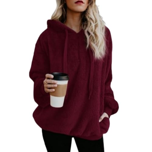 Sherpa Fleece Pullover for Women UK Fluffy Fuzzy Sweatshirt Plush Comfy Soft Sweatshirts Half Zip Pocket Jumper Teddy Faux Fur Tops Winter Warm Soft Tops Ladies (Wine,S) von LIBIQI