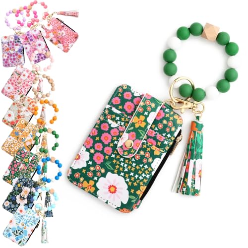 Women's Boho Style Beaded & Tassel Decorated Keychain with Flower Pattern Wallet Wristlet Bag with Clear ID Window Printed Card Holder Keychain Wallet (Green,One Size) von LIBIQI