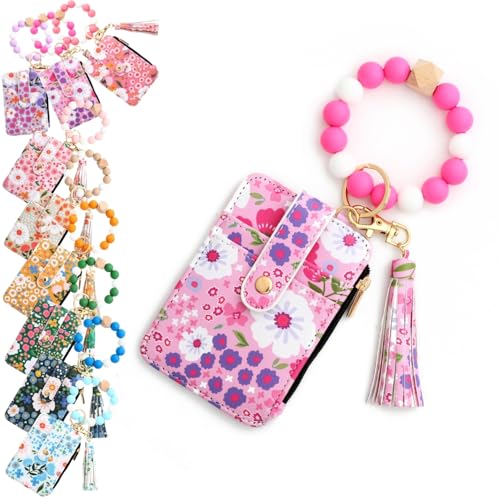 Women's Boho Style Beaded & Tassel Decorated Keychain with Flower Pattern Wallet Wristlet Bag with Clear ID Window Printed Card Holder Keychain Wallet (Rose Red,One Size) von LIBIQI