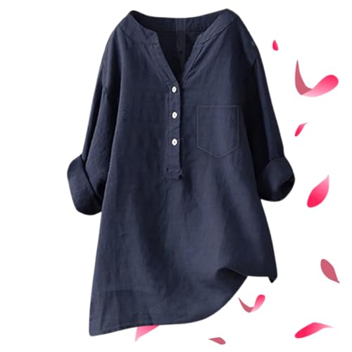 Womens Linen Tops UK 2025 Long Sleeve Plus Size Shirts Blouses Ladies Casual Summer Cotton Linen Button Down V Neck Roll Up Sleeve Tee Comfy Solid Loose Fit Tops T-Shirts (Dark Blue,Small) von LIBIQI