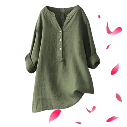 Womens Linen Tops UK 2025 Long Sleeve Plus Size Shirts Blouses Ladies Casual Summer Cotton Linen Button Down V Neck Roll Up Sleeve Tee Comfy Solid Loose Fit Tops T-Shirts (Dark Green,Small) von LIBIQI