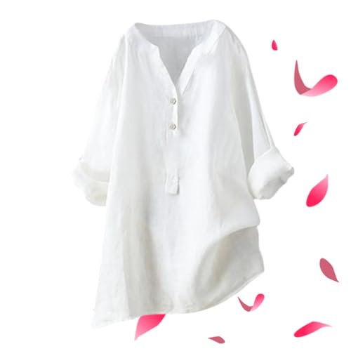 Womens Linen Tops UK 2025 Long Sleeve Plus Size Shirts Blouses Ladies Casual Summer Cotton Linen Button Down V Neck Roll Up Sleeve Tee Comfy Solid Loose Fit Tops T-Shirts (White,Medium) von LIBIQI