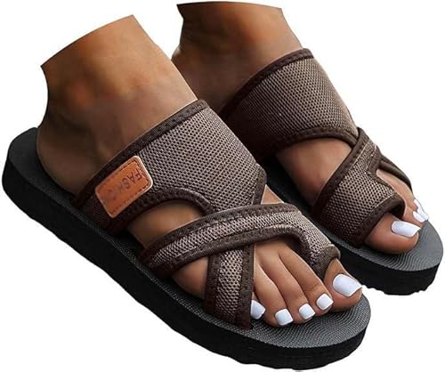 2024 Women's Hollow Mesh Slide Sandals Non Slip Breathable Flat Loop Toe Shoes Orthopedic Arch Support Sandals (Coffee,36 EU) von LIDIYI