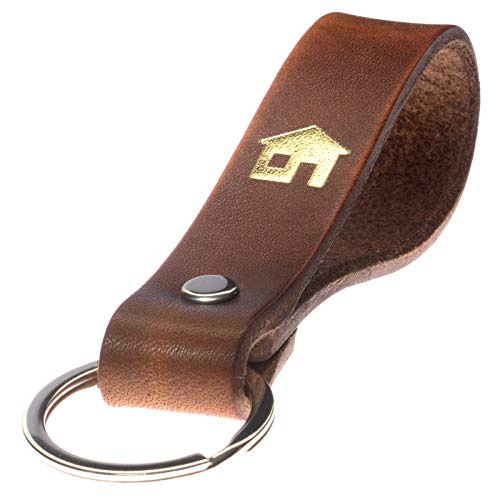 ELBERCRAFT Schlüsselanhänger Leder HAUS Geschenk für Frauen oder Männer pflanzlich gegerbt braun mit gravur gold 12 cm made in Germany Leather Keychain von ELBERCRAFT