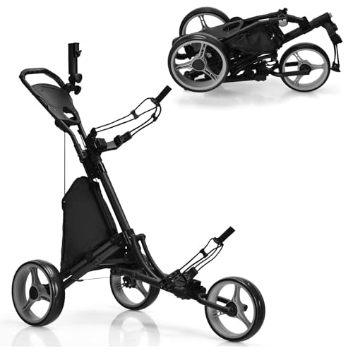 LIFEZEAL Faltbar Golftrolley, 3 Rad Golf Push Cart mit Fußbremse, Golfwagen mit 3 höhenverstellbare Positionen, Golfcaddy klappbar mit Schirmhalter, Flaschenhalter & Tasche (Grau) von LIFEZEAL