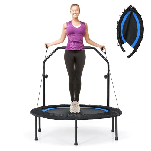 LIFEZEAL Fitnesstrampolin faltbar φ101 cm, Springer mit Sicherheitsstange, 2 Widerstandsbänder, verstellbare Höhe 107,5 – 130,5 cm, Stahlrahmen, Belastung 150 kg, Innen & Außen (blau) von LIFEZEAL