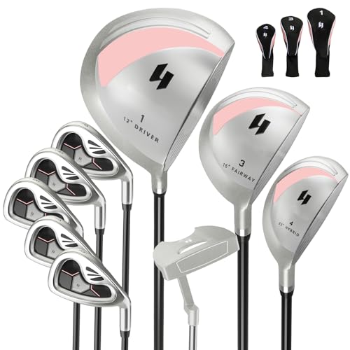 LIFEZEAL Golfschläger Komplettset für Damen, 9-teiliges Golfschläger-Set mit #1 Driver & #3 Fairway & #4 Hybrid & #6, 7, 8, 9, P Eisen & Putter, Golfschlägersätze mit 3 Kopfbedeckungen (Rosa) von LIFEZEAL