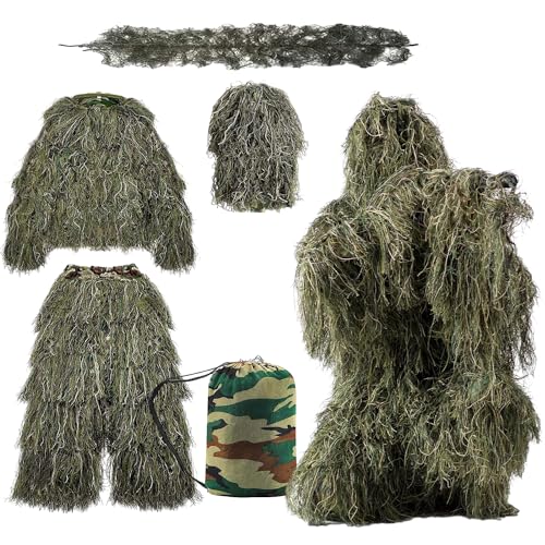 LIFRTRIBE Ghillie-Anzug für Herren, 3D-Camouflage-Jagdbekleidung inklusive Jacke, Ghillie-Anzug für Kinder 10–12, Hose, Kapuze, Tragetasche, geeignet für Unisex-Erwachsene/Jugendliche (Woodland, von LIFRTRIBE