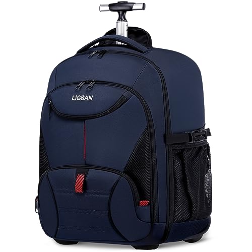 Trolley Rucksack 55x36x25 cm, Groß Reiserucksack mit Rollen Handgepäck Rucksack Arbeit Laptoptasche Rollkoffer für Herren Damen Wasserdicht Aktenkoffer für Reisen, Passend für 18,4'' Laptops, Blau von LIGSAN