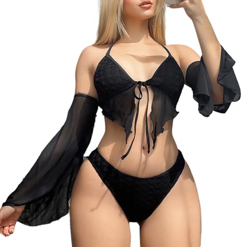 LIGSLN Triangel-Bikinis-Set für Damen, mit Armärmeln, zweiteiliges Badeanzug-Set, vorne zum Binden, Oberteil und hoher Taille von LIGSLN