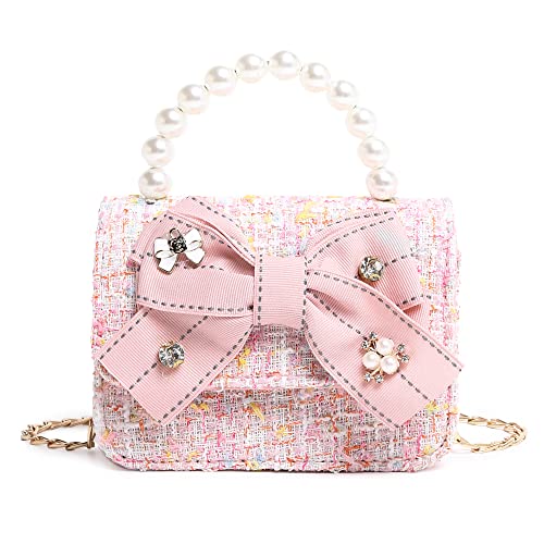 LIGUL Kinder-Schultertasche für kleine Mädchen, niedliche Schleife, Prinzessinnen-Umhängetasche, Baby-Geldbörsen, Mini-Perlen-Handtasche, 2–5 Jahre alt (S, Pink) von LIGUL