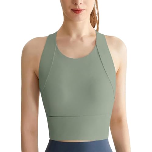 LIHWKD Gepolsterte Longline-Sport-BHS für Damen, Longline-Crop-Tanktops fürs Training, gepolsterter Yoga-BH mit hohem Halsausschnitt und ohne Bügel (M,Green) von LIHWKD