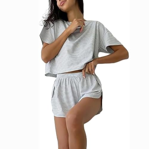 LIHWKD Geteiltes kurzes Pyjama-Set, gestreiftes Pyjama-Set für Damen, zweiteiliges Pyjama-Set für Damen (S,Gray) von LIHWKD