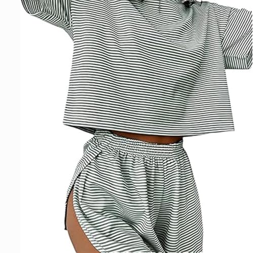 LIHWKD Geteiltes kurzes Pyjama-Set, gestreiftes Pyjama-Set für Damen, zweiteiliges Pyjama-Set für Damen (S,Green) von LIHWKD