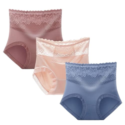 LIHWKD Seidiger, bequemer, hoher Hüftbund, Spitzenunterwäsche für Damen mit Po-Lift, Unterwäsche mit Bauchkontrolle und Po-Lift (G+3PCS,XXL) von LIHWKD