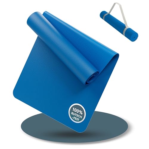 LILENO SPORTS Yoga Matte Blau (180x60cm) inkl. Tragegurt - Sport und Yogamatte extra rutschfest in 4 mm Dicke - Gymnastikmatte und Fitnessmatte für Workout und Yoga - Sportmatte für Zuhause von LILENO SPORTS