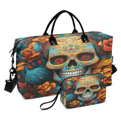 LINNIKEEEE Blumenmuster Rosenschädel Reise-Seesäcke, Sporttasche, Weekender Handtasche mit Kulturbeutel für Damen Mädchen Herren von LINNIKEEEE