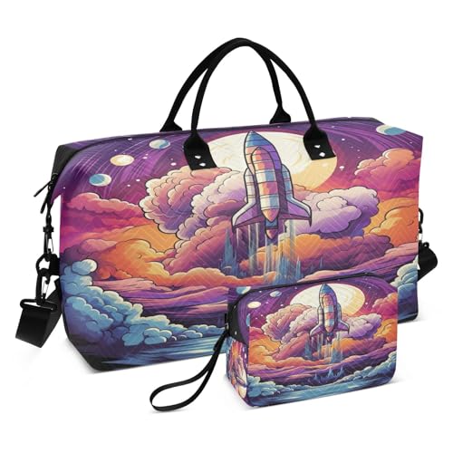 LINNIKEEEE Cartoon Lila Rakete Reise-Seesäcke, Sporttasche, Weekender Handtasche mit Kulturbeutel für Damen Mädchen Herren von LINNIKEEEE