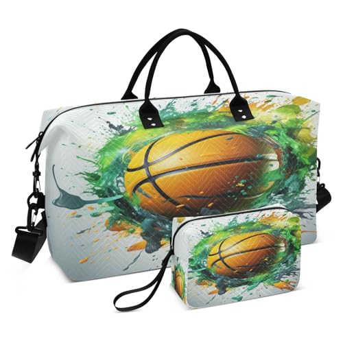 LINNIKEEEE Grüne Basketballkunst Reise-Seesäcke, Sporttasche, Weekender Handtasche mit Kulturbeutel für Damen Mädchen Herren von LINNIKEEEE