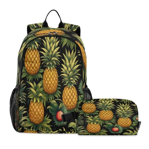 LINNIKEEEE Tropische Fruchtananas Studentenrucksack Lunchtasche Set – Leichte Schultasche für Jungen Mädchen von LINNIKEEEE