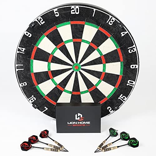 LION HOME SPORTS Hochwertige Sisal Steeldartscheibe | Mit Aufhänger & 6 Dartpfeilen, sowie Aufbewahrungsbox | Verstellbarer Zahlenring | 45cm Durchmesser | Langlebiges Material für präzise Treffer von LION HOME SPORTS