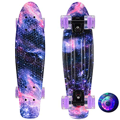 LIRAN Penny Board, 55,9 cm Skateboard Cruiser Board Starry Board, Retro Skate Grafik Floral Galaxy mit modischem Blitzrad, für Teenager, Anfänger, Mädchen, Jungen, Lila von LIRAN