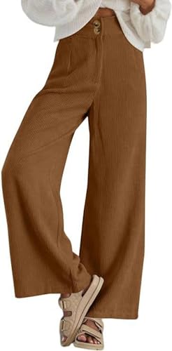 LIROMA Damen Cordhose Mit Geradem Bein Hohe Taille Palazzo Hose Mit Doppelknöpfen Freizeithose Herbst Winter Baggy Hose Mit Weitem Bein Lounge Hose Hose Mit Taschen Braun S von LIROMA