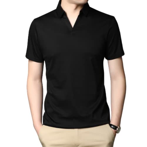 Golf Hemd Herren Slim Fit, Herren Golfshirt Lässig Knopflos V-Ausschnitt Golf Business Golf Tennis T-Shirt Schwarz Regular-Fit Kurzarm Golfshirts Sommer Gentleman Schnell Trocknendes Oberteil,L von LIRU