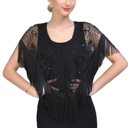 Strickjacken Für Damen,Damen Vintage Lace Shrug Sommer Quaste Schal 1920Er Bolero Cardigan Mesh Pailletten Jacke Party Fransen Ärmel Schulterjacke Sexy Durchsichtige Vertuschung Für Kleider Abend S von LIRU