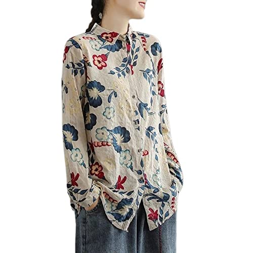 Hemd Damen, Damen Baumwolle Leinen Langarmbluse Vintage Blau Blumendruck V-Ausschnitt Tunika Tops Elegante Button-Down-Blusen Sommer Lässig Lockere T-Shirts Für Damen Mädchen,M von LITTLA