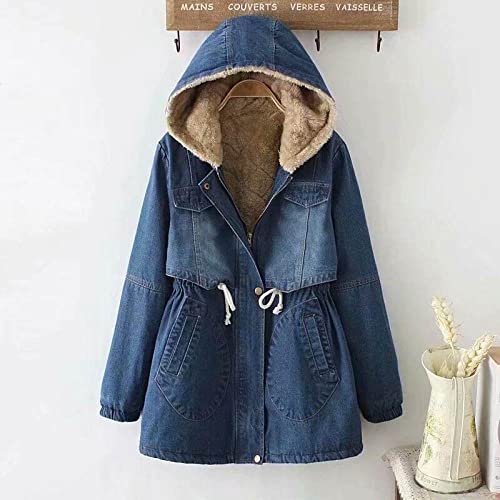 Jacke Damen Winter, Winter Warmer Jeans-Fleece-Mantel Blau Gewaschene Kapuze Lässige Damen-Isolierte Parka-Herbstjacke Plus Größen Winddichte Daunenjacke Mit Kordelzug Daunenmantel-Übergangsjacke,M von LITTLA