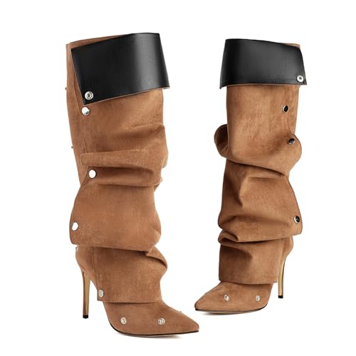 LIUHD Damen-Stiefel Zum Umklappen Hohe Stiefel Schlupfstiefel mit Stilettoabsatz, Gerüschtem Absatz Abnehmbarem Knopf Spitzer Zehenpartie, Schuhe Fürs Büro,Brown Velvet,38 von LIUHD