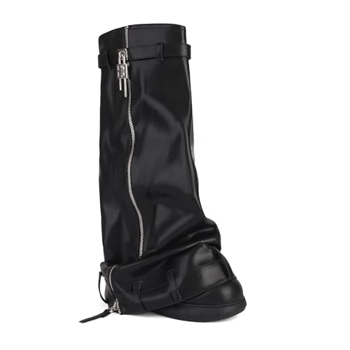 LIUHD Damen-Stiefel Zum Umklappen Kniehohe Stiefel mit Runder Zehenpartie, Flachem High Heel, Vorhängeschloss und Seitlichem Reißverschluss Zum Reinschlüpfen,Black,35 von LIUHD