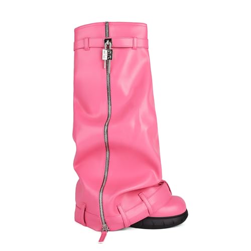 LIUHD Damen-Stiefel Zum Umklappen Kniehohe Stiefel mit Runder Zehenpartie, Flachem High Heel, Vorhängeschloss und Seitlichem Reißverschluss Zum Reinschlüpfen,Pink,36 von LIUHD