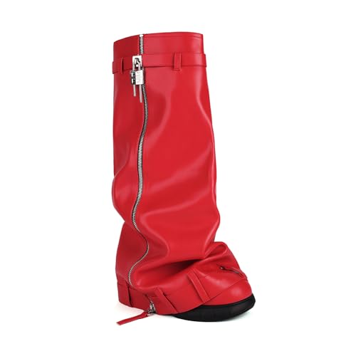 LIUHD Damen-Stiefel Zum Umklappen Kniehohe Stiefel mit Runder Zehenpartie, Flachem High Heel, Vorhängeschloss und Seitlichem Reißverschluss Zum Reinschlüpfen,Red,35 von LIUHD