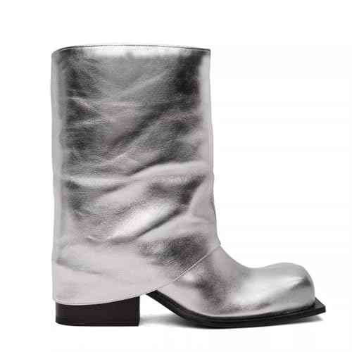 LIUHD Damen-Stiefel Zum Umklappen Kurze Stiefel mit Quadratischer, Runder Zehenpartie, Breiter Schaft, Klobiger Stiefel mit Hohem Absatz, Lässige Büroschuhe,Silver,36 von LIUHD