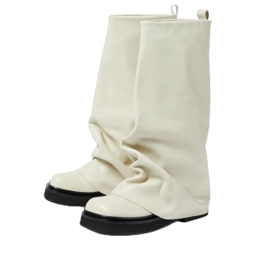 LIUHD Damen-Stiefel Zum Umklappen Lässige Stiefel mit Rüschen für Damen, Flacher Absatz, Runde Zehenpartie, Hohe Stiefel, Breite Wade, Freizeitstiefel,White,37 von LIUHD