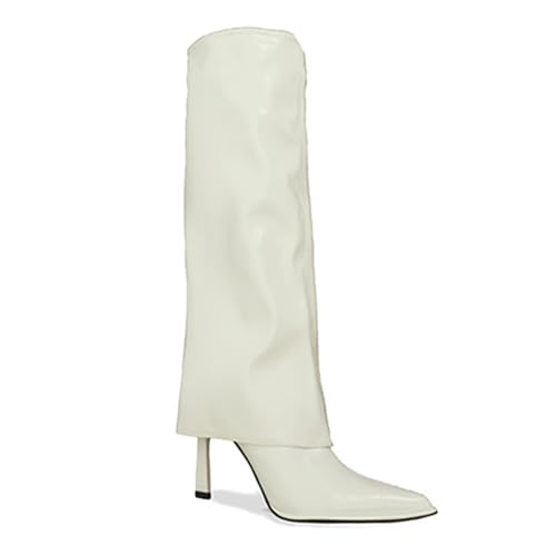 LIUHD Damen-Stiefel Zum Umklappen Spitze Zehenpartie, Stilettoabsatz, Hohe Stiefel, Kniehohe Stiefel, Bequeme Abendschuhe,White,37 von LIUHD