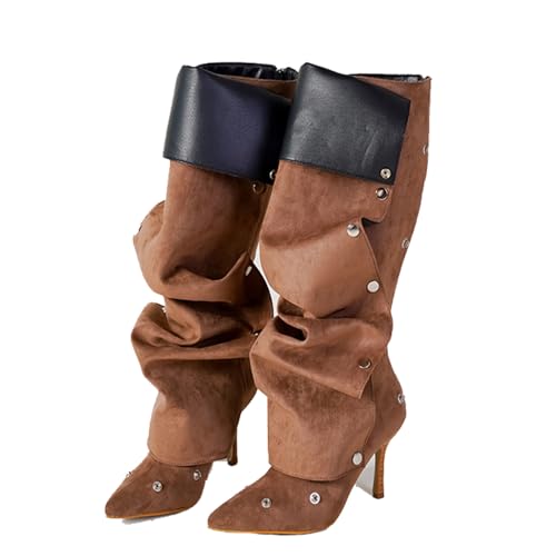 LIUHD Damen-Stiefel Zum Umklappen Stiletto-Stiefel mit Spitzer Spitze und Hohem Absatz, Stiefel mit Abnehmbarem Einsatz,Brown,37 von LIUHD