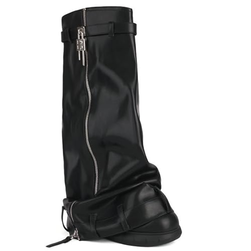 LIUHD Damen-Stiefel Zum Umklappen Umklappbarer, Klobiger Absatz, Breiter Schaft, Hohe Stiefel Zum Reinschlüpfen mit Seitlichem Reißverschluss, Winterstiefel,Black,38 von LIUHD