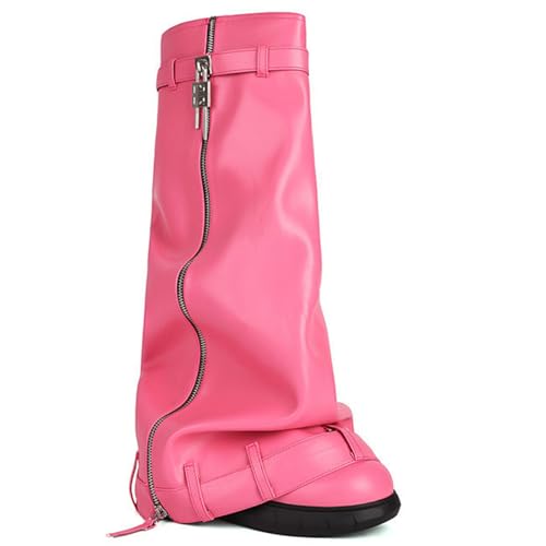 LIUHD Damen-Stiefel Zum Umklappen Umklappbarer, Klobiger Absatz, Breiter Schaft, Hohe Stiefel Zum Reinschlüpfen mit Seitlichem Reißverschluss, Winterstiefel,Pink,36 von LIUHD