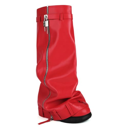 LIUHD Damen-Stiefel Zum Umklappen Umklappbarer, Klobiger Absatz, Breiter Schaft, Hohe Stiefel Zum Reinschlüpfen mit Seitlichem Reißverschluss, Winterstiefel,Red,41 von LIUHD