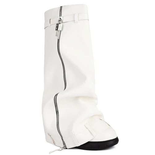 LIUHD Damen-Stiefel Zum Umklappen Umklappbarer, Klobiger Absatz, Breiter Schaft, Hohe Stiefel Zum Reinschlüpfen mit Seitlichem Reißverschluss, Winterstiefel,White,37 von LIUHD