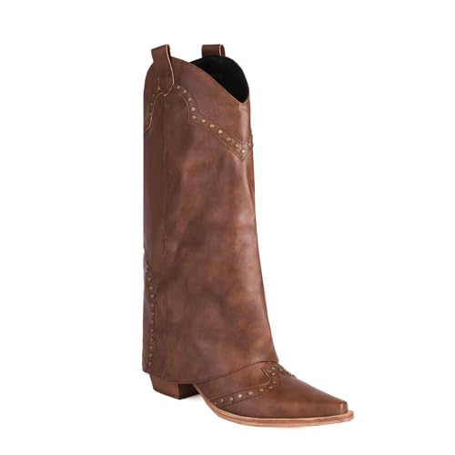 LIUHD Damen-Stiefel Zum Umklappen Weitem Schaft Boots Schuhe Spitzer Zehenbereich, Klobiger Blockabsatz, Büroschuhe, Bequeme Hohe Stiefel Zum Überziehen mit Breiter Wade,Brown,38 von LIUHD