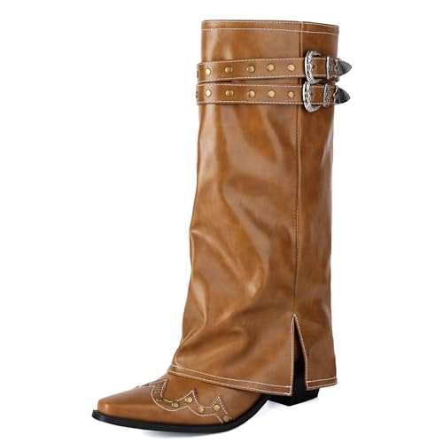 LIUHD Damen-Stiefel Zum Umklappen Winter Herbststiefel Hohe Stiefel,Spitze Zehenpartie Klobige Stiefel mit Hohem Absatz Bequeme Schlupfschuhe,Apricot,37 von LIUHD