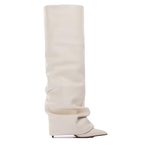 LIUHD Damenstiefel mit Umschlag Lässige Gerüschte Kniestiefel Spitze Zehenpartie Stilettoabsatz Lange Hohe Stiefel,White,35 von LIUHD