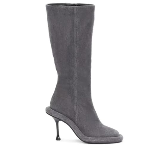 LIUHD Damenstiefeletten mit Halbhoher Wade, Runde Zehenpartie, Stilettoabsatz, Lange Stiefel, Schlupfstiefel, Herbst- und Winterstiefel, Partyschuhe Zum Überziehen,Gray,36 von LIUHD